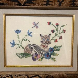 Embroidered Needle Point Cat Floral Wall Art Wooden Gold Frame 70’s Cottagecore